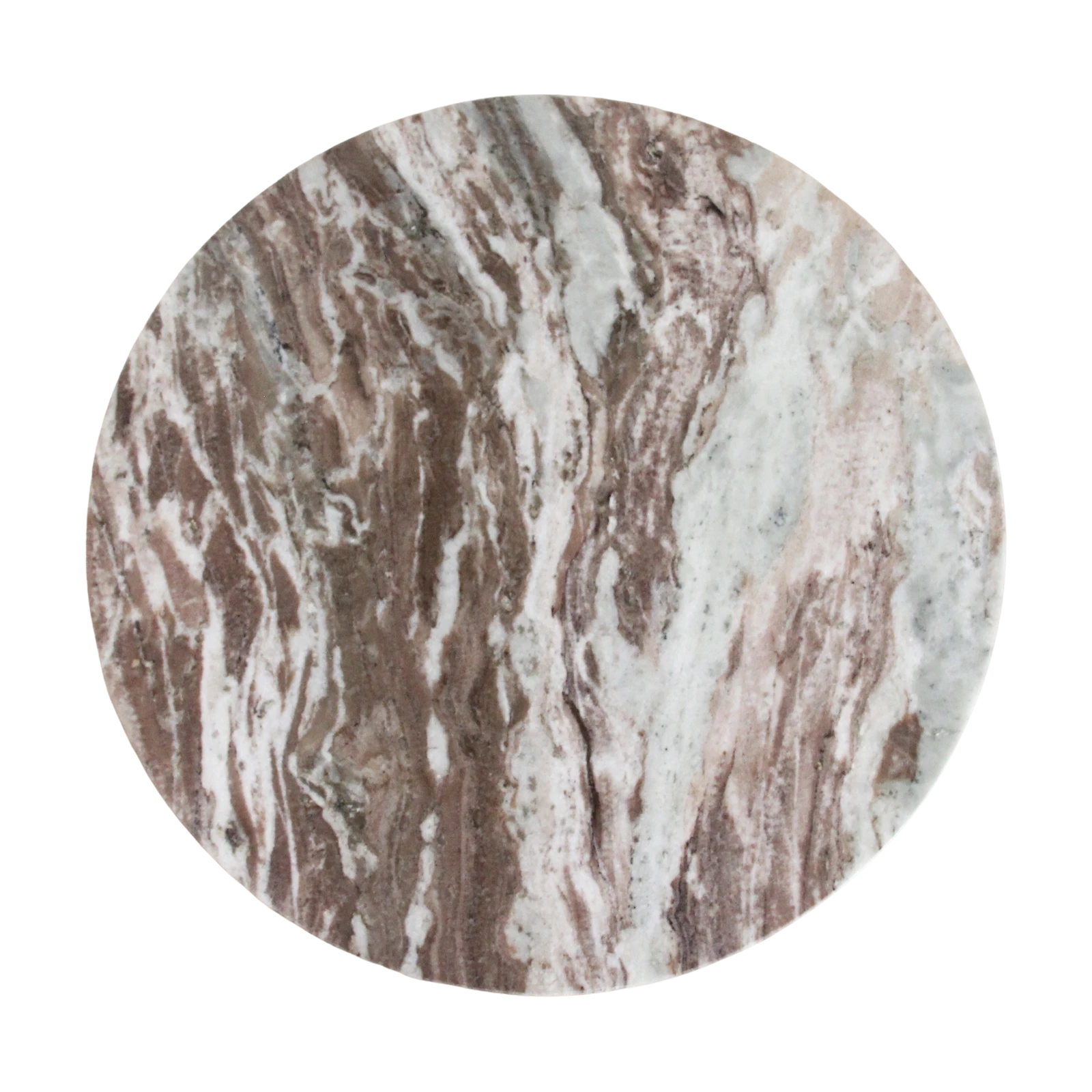 Kayu Living round Fantasy Brown marble side table top with intricate brown, gray, and white natural stone veining.