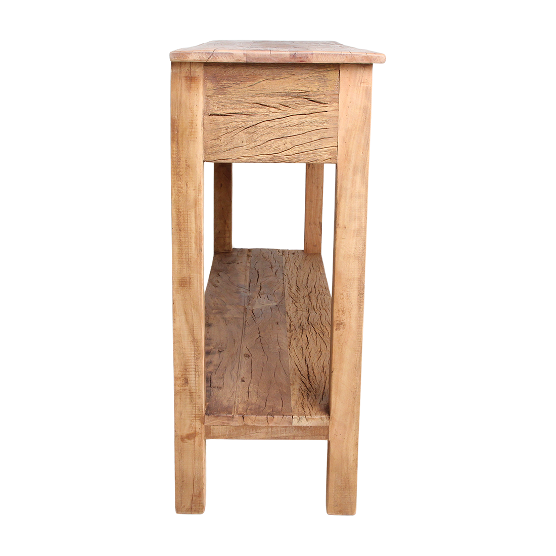 Kayu Living Farmwood console table in reclaimed wood with a rustic finish, side view showing drawer and lower shelf.