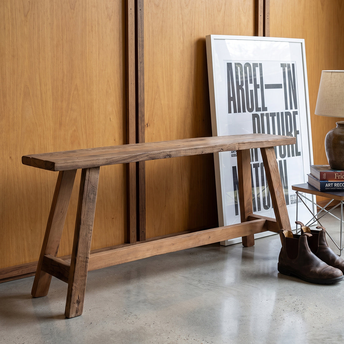 Kayu Living Farmwood 115cm bench made from reclaimed FSC-certified wood with natural rustic grain and knots.