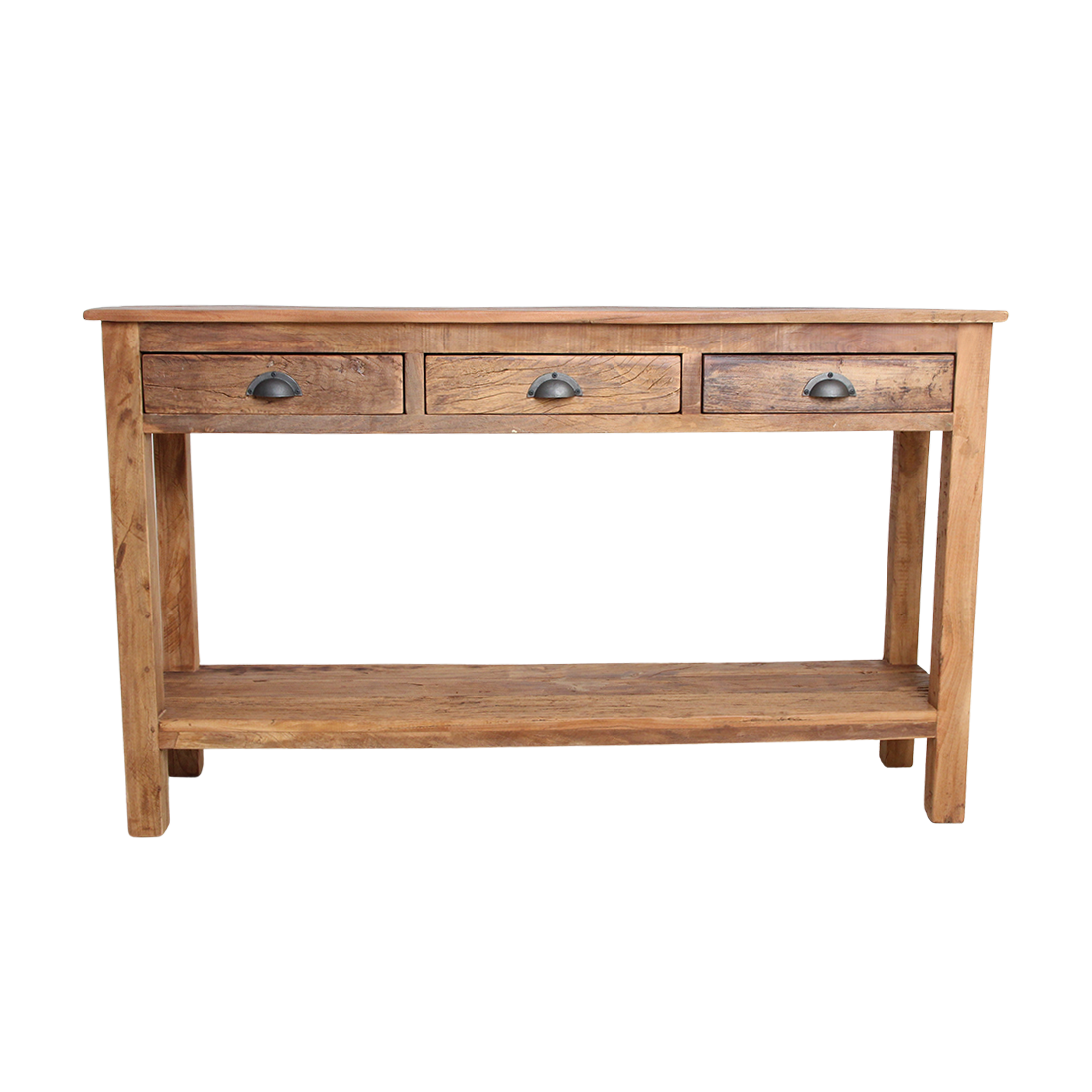 Kayu Living Farmwood console table in rustic reclaimed wood with three drawers and a lower shelf on a white background