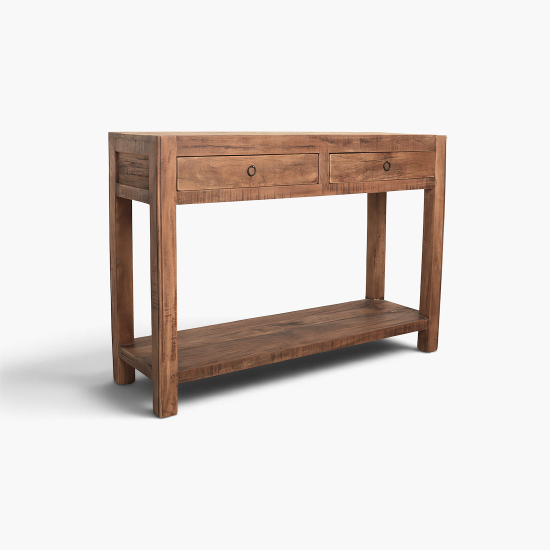 Kayu Living Farmwood reclaimed wooden console table with two drawers and a lower shelf, featuring natural wood grain.