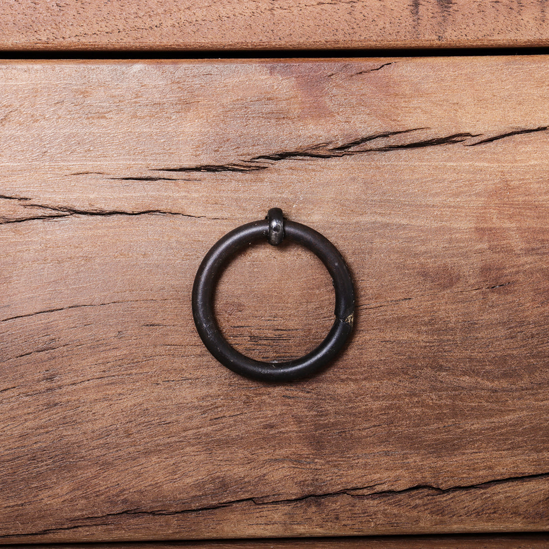 Kayu Living Farmwood side table drawer featuring reclaimed wood texture with natural cracks and a black metal ring pull