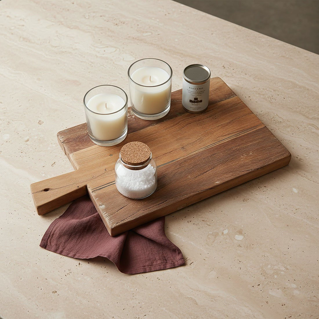 Kayu Living Farmwood 40 cm reclaimed wood serving board with natural grain, knots, and a sturdy handle on a stone table.