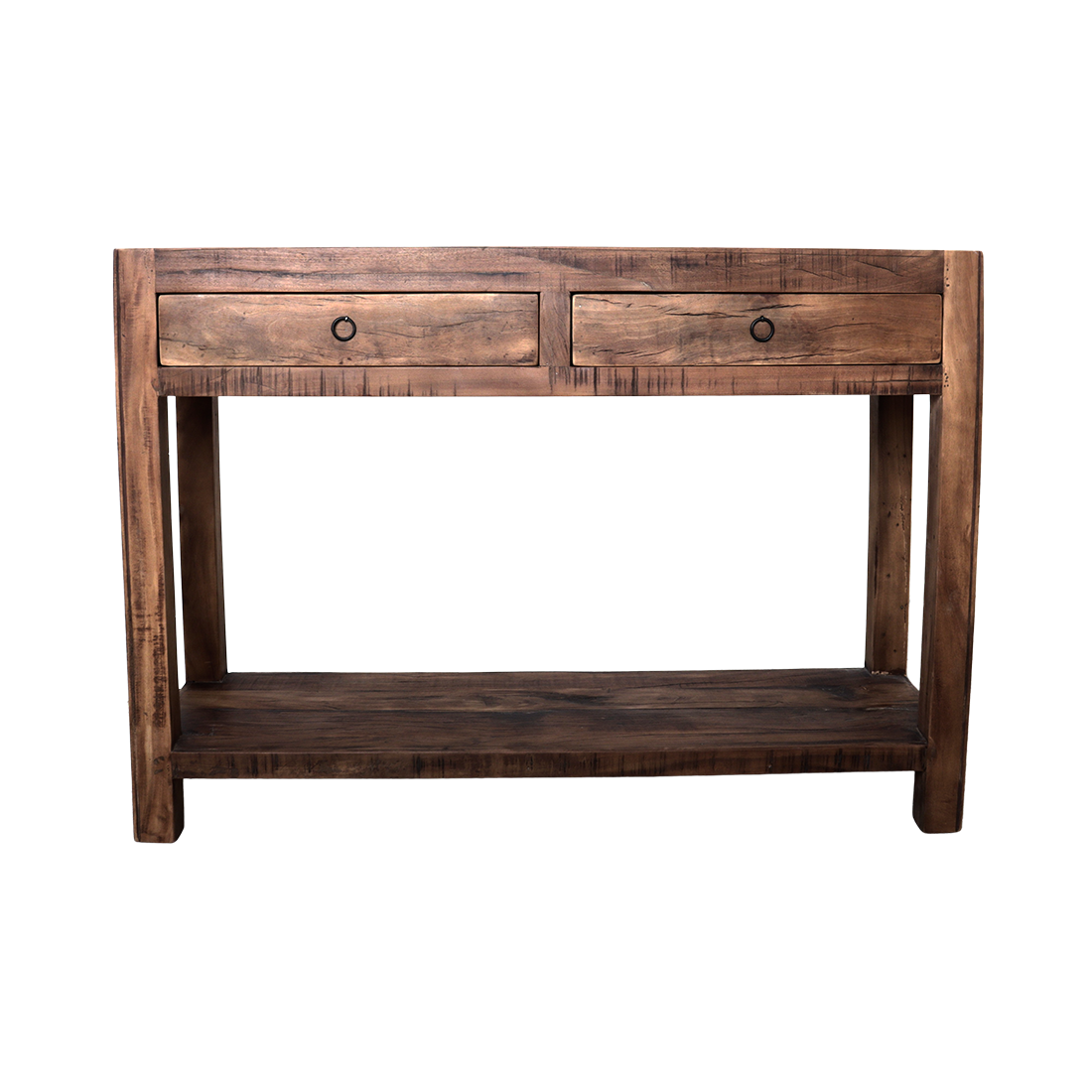 Kayu Living Farmwood reclaimed wooden side table with two drawers and a lower shelf, featuring natural wood grain.