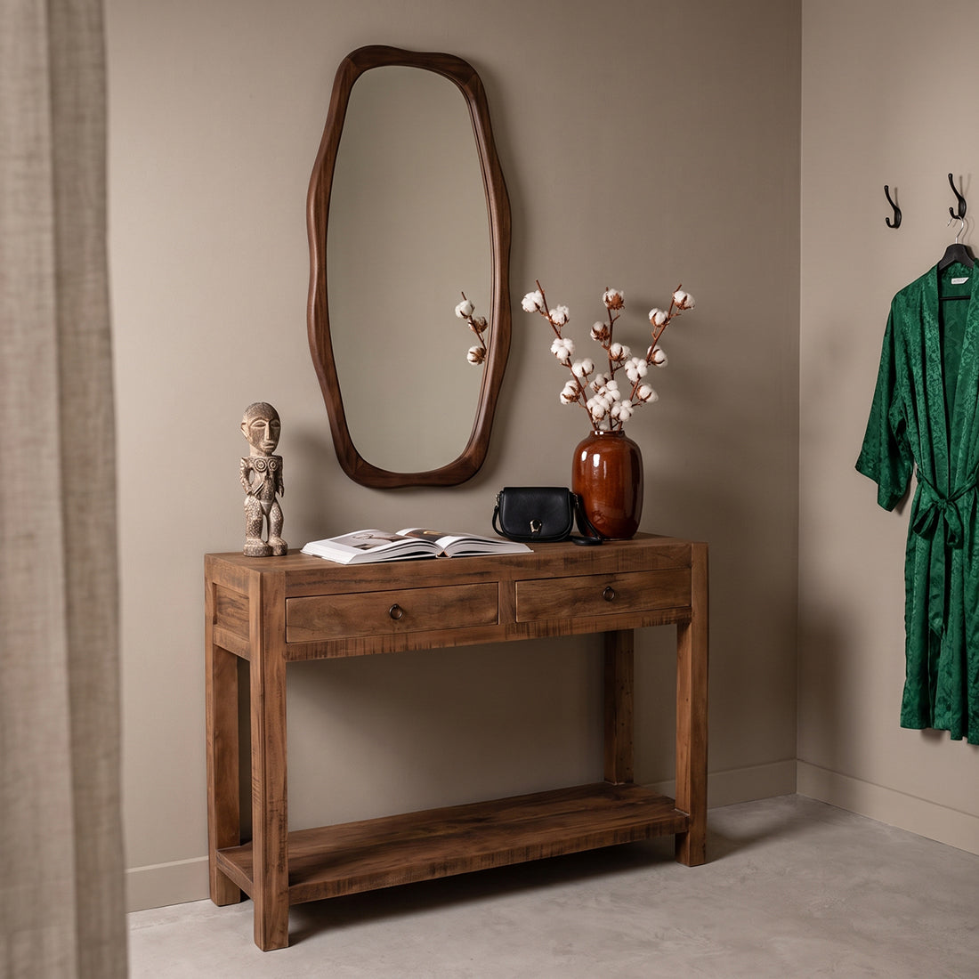 Kayu Living Farmwood reclaimed wooden side table with two drawers and lower shelf in a styled hallway setting.
