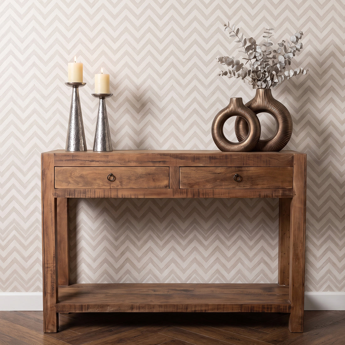 Kayu Living Farmwood wooden side table with two drawers and lower shelf, featuring reclaimed wood grain and knots.