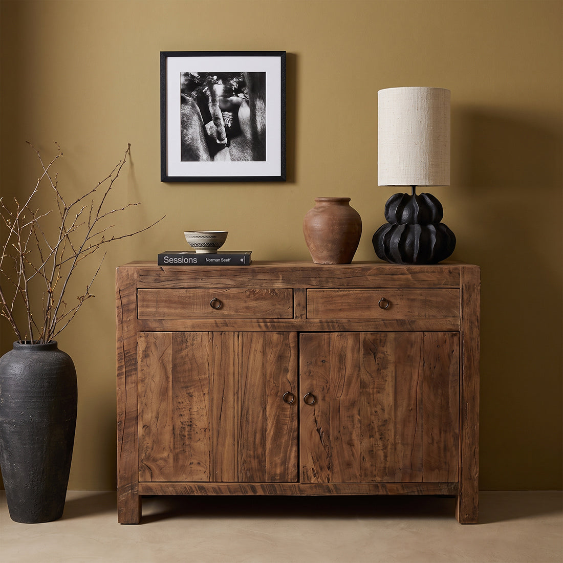 Kayu Living Farmwood sideboard made from reclaimed FSC-certified wood with two drawers and two cabinet doors.