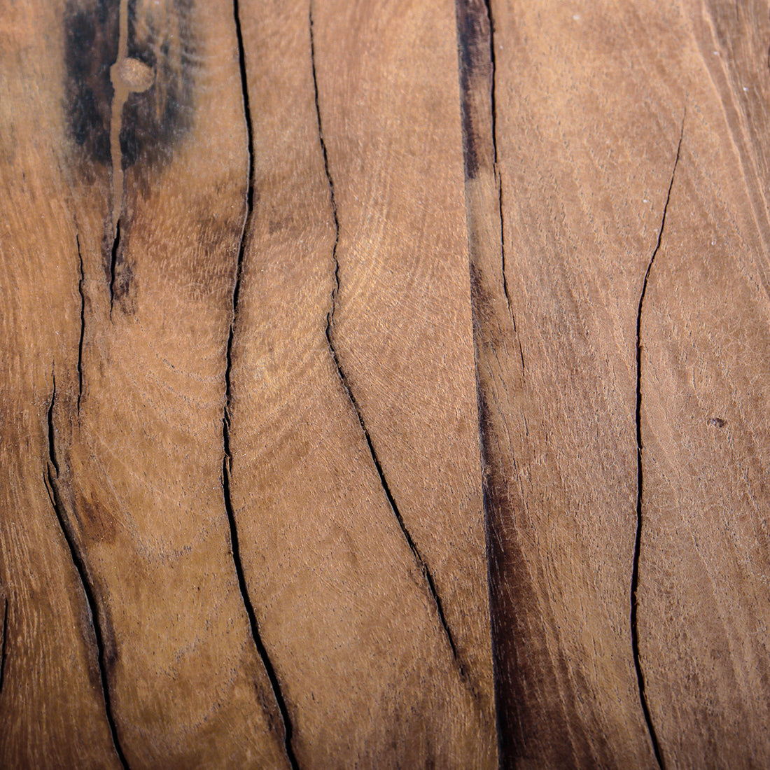 Kayu Living Farmwood side table surface showing natural reclaimed wood grain, knots, and rustic cracks.
