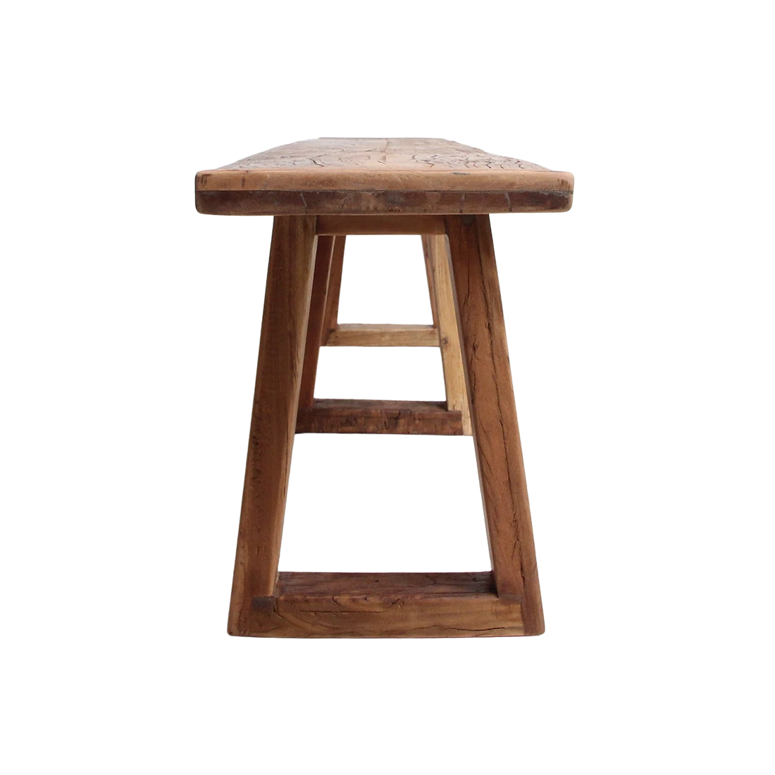 Kayu Living Farmwood dining bench in recycled wood with visible grain and sturdy base, side view.