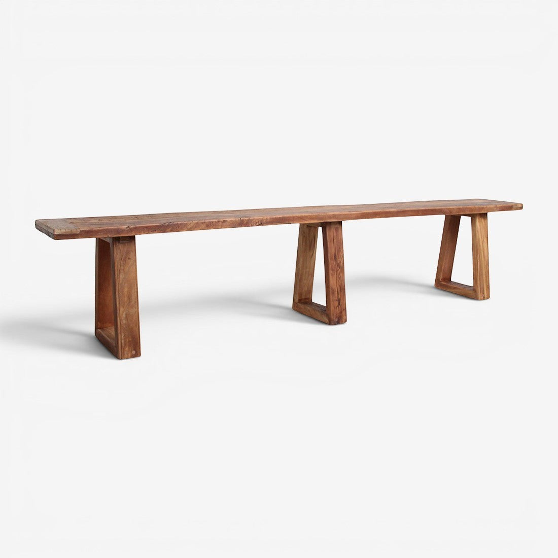 Kayu Living Farmwood 200 cm dining bench made of rustic FSC recycled wood with three sturdy trapezoid legs.