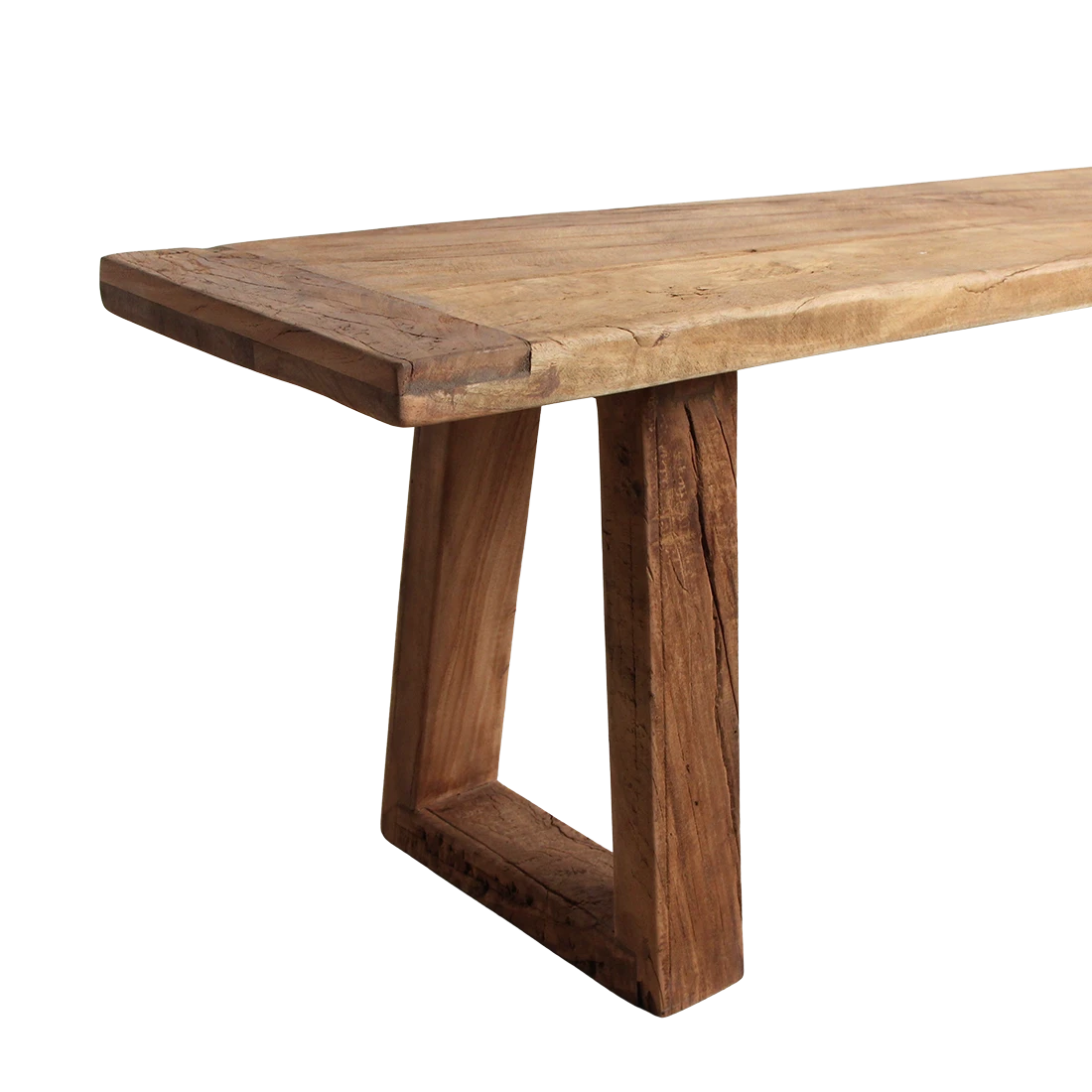 Kayu Living Farmwood dining bench made from recycled wood with a natural grain finish and sturdy angular leg design.