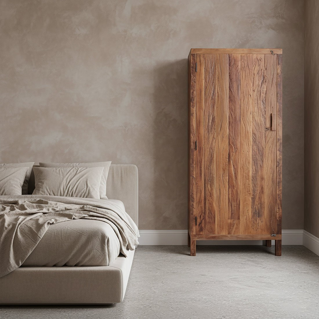 Kayu Living Farmwood cabinet made of reclaimed FSC recycled wood with a warm patina in a minimalist bedroom setting.