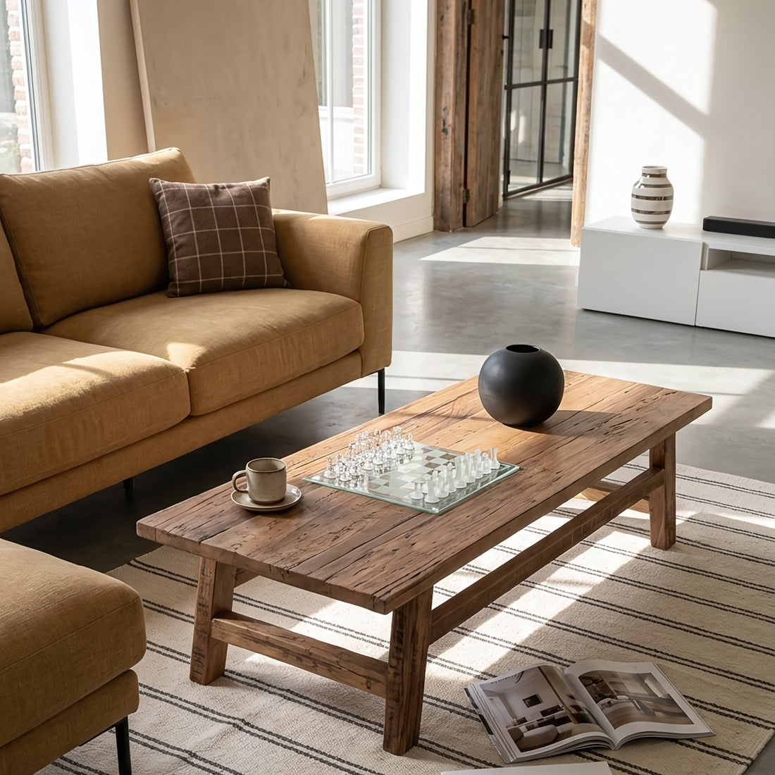 Kayu Living Farmwood rectangular coffee table made from recycled wood with natural knots in a bright living room.