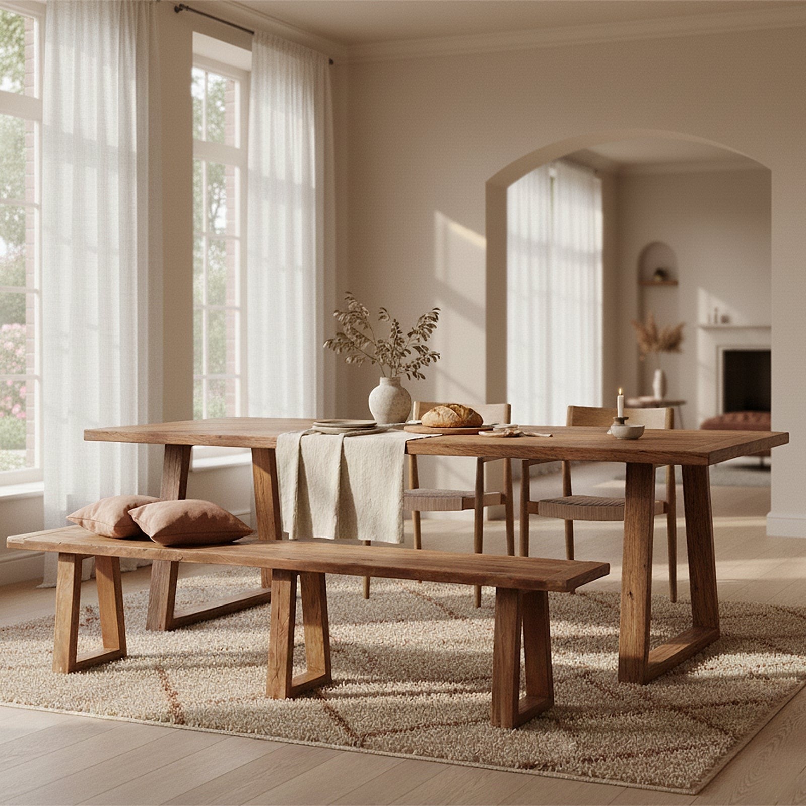 Kayu Living Farmwood dining bench in recycled wood with natural grain, placed in a bright, minimalist dining room.