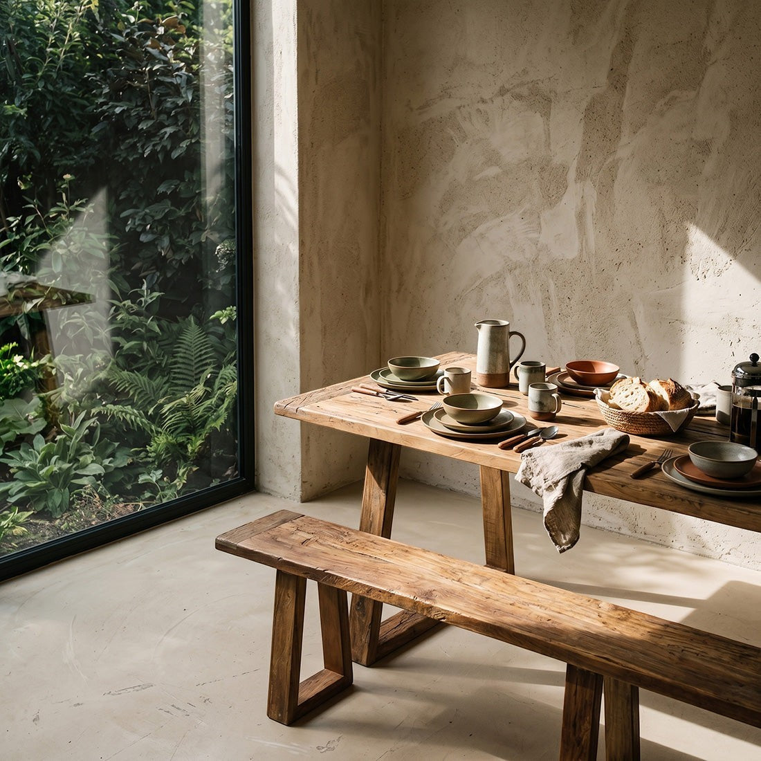 Kayu Living Farmwood dining table and bench set made from recycled brown wood with natural grain in a sunlit room.