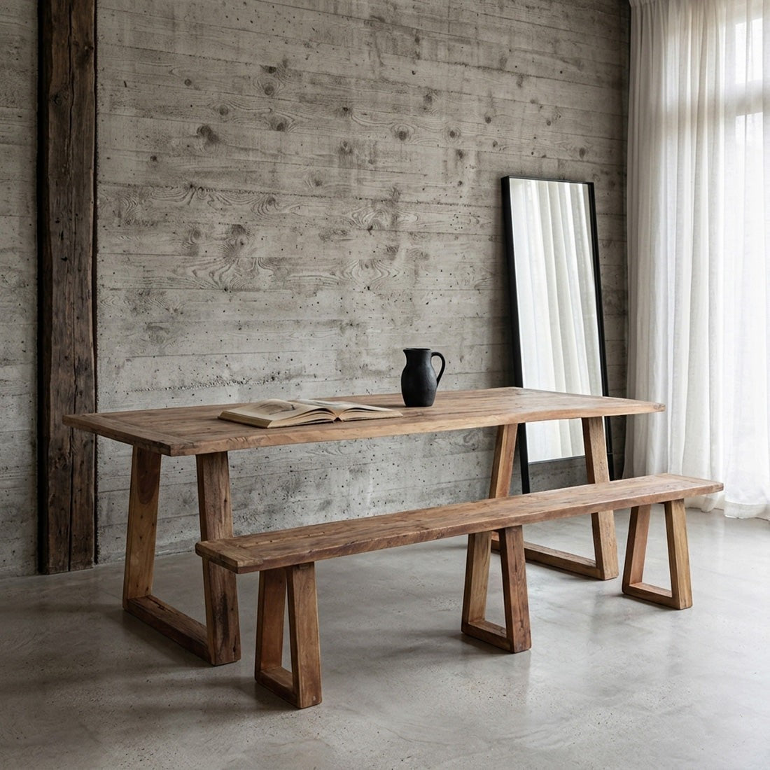 Kayu Living Farmwood 180cm dining table and matching bench made from recycled brown wood with natural grain textures.