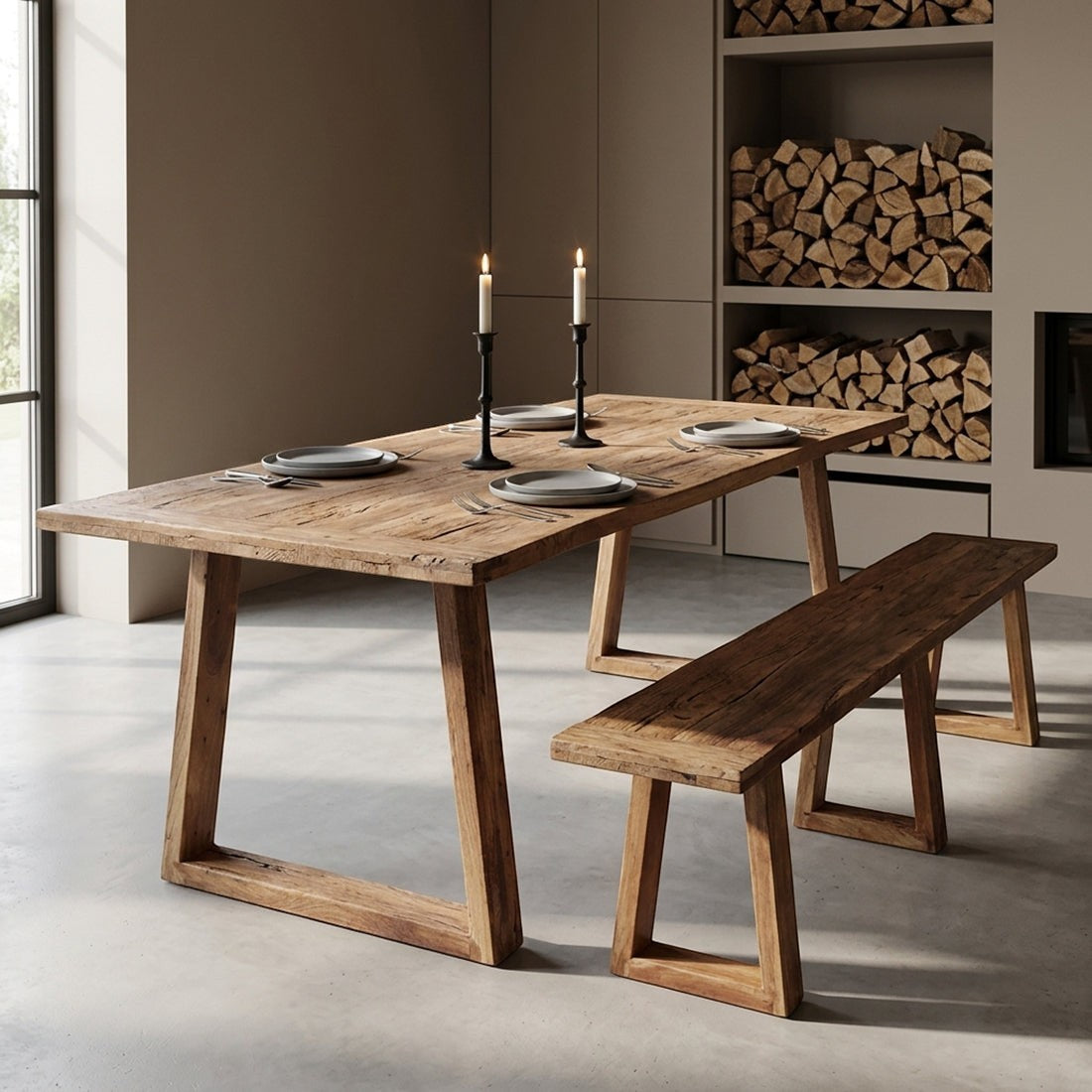 Kayu Living Farmwood dining table and matching bench made from recycled brown wood with natural grain and knots.