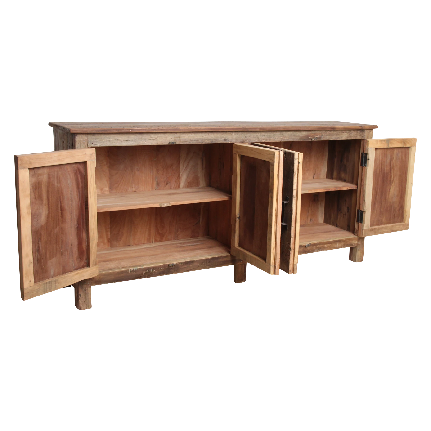 Kayu Living Farmwood sideboard made from recycled wood with four open doors revealing interior shelving