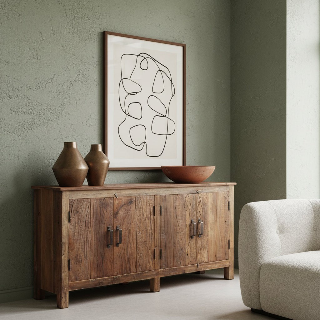 Kayu Living Farmwood sideboard made from recycled wood with four doors, styled with vases against a sage green wall.