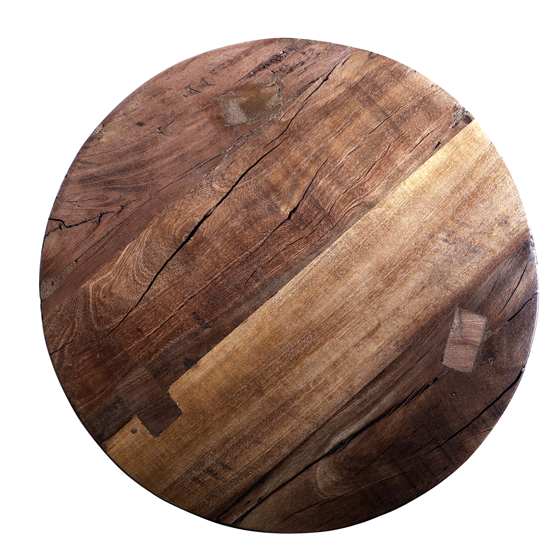 Kayu Living Farmwood round stool top made of reclaimed brown wood with visible grain, knots, and rustic patina.