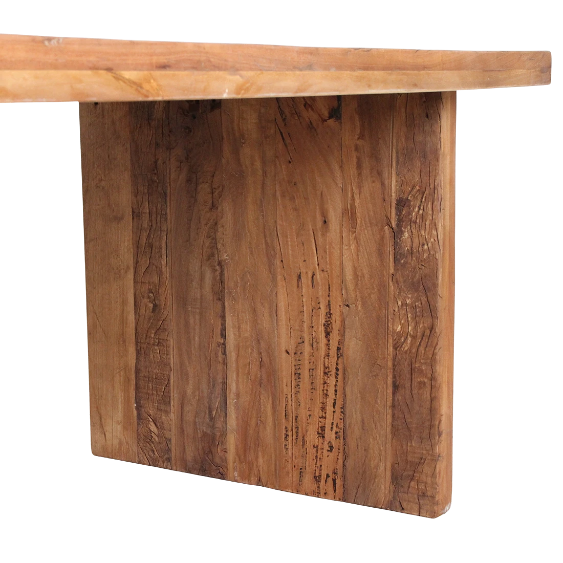 Kayu Living Farmwood waterfall dining table featuring a seamless reclaimed timber side with natural grain and knots.