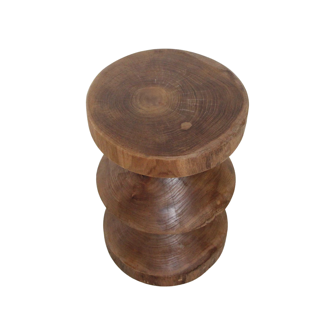 Kayu Living Forma Rizo solid teak side table with a stacked geometric design on a black background