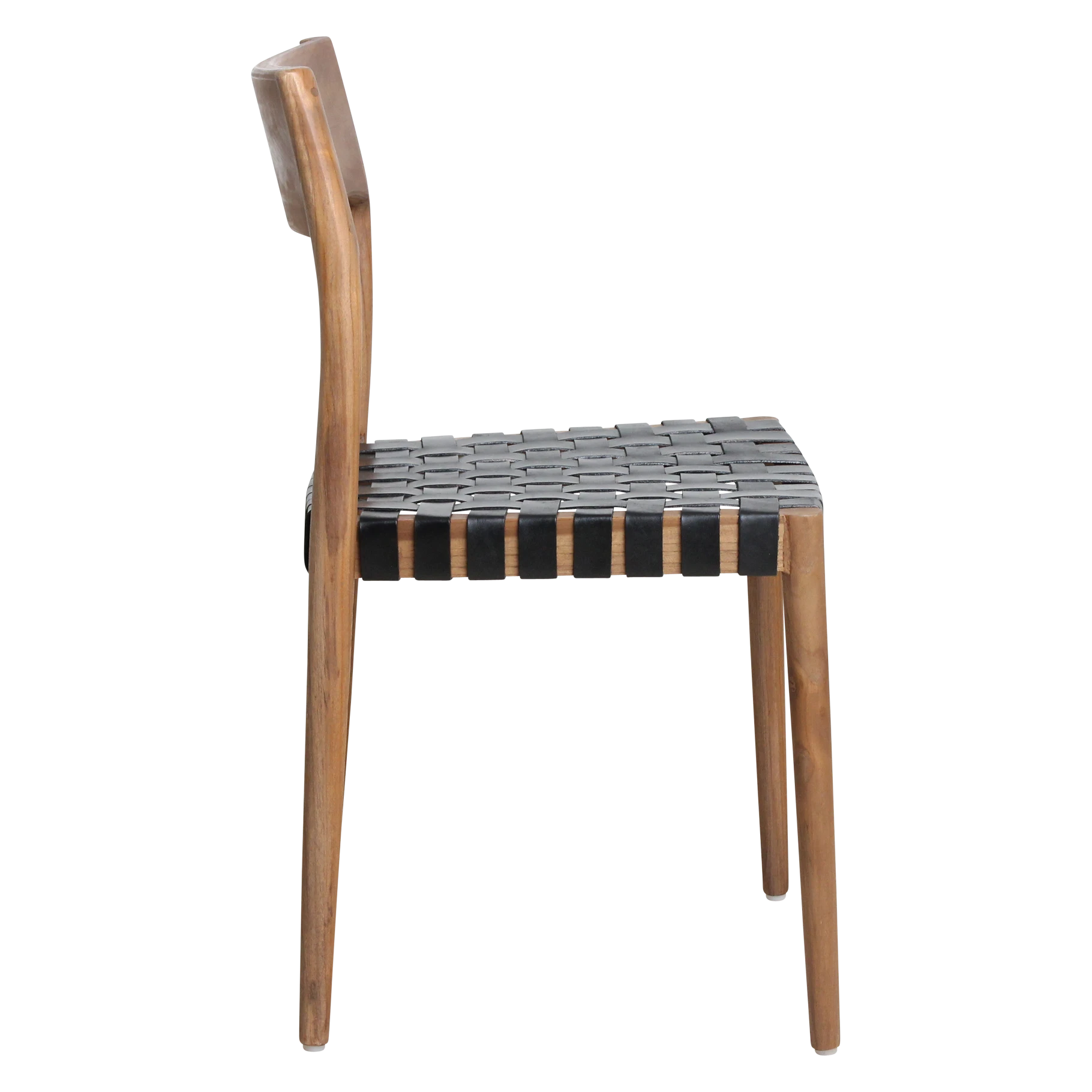 Kayu Living Freya dining chair with black leather woven seat and natural wood frame.