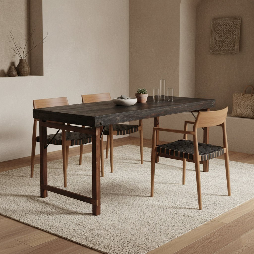 Kayu Living Freya dining chair with armrests in black leather and wood, perfect for industrial or boho interiors.