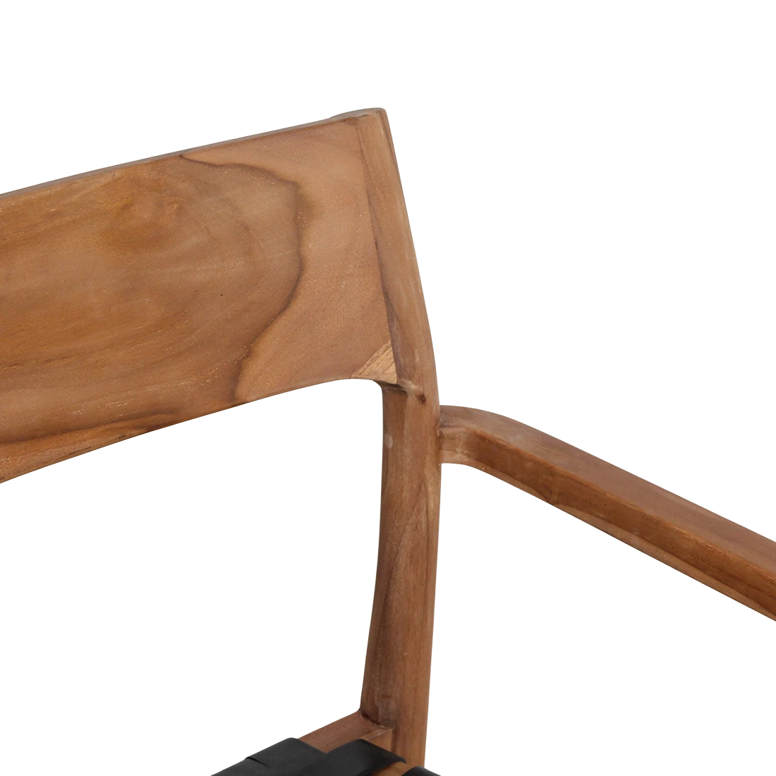 Kayu Living Freya dining chair with armrests in natural wood and black leather seat, ideal for industrial or boho interiors.