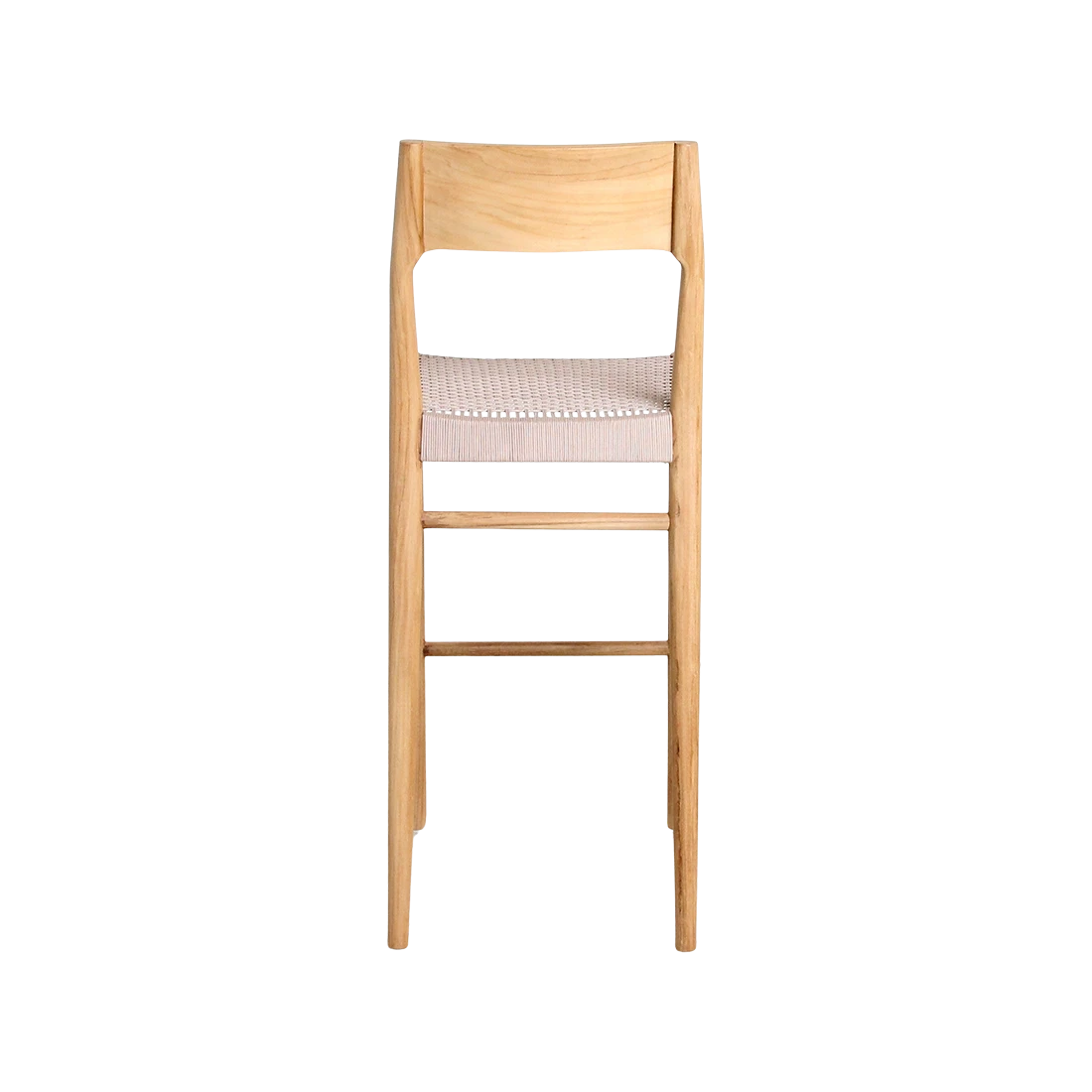 Kayu Living Freya bar stool in solid teak wood with a beige woven synthetic rope seat, back view.
