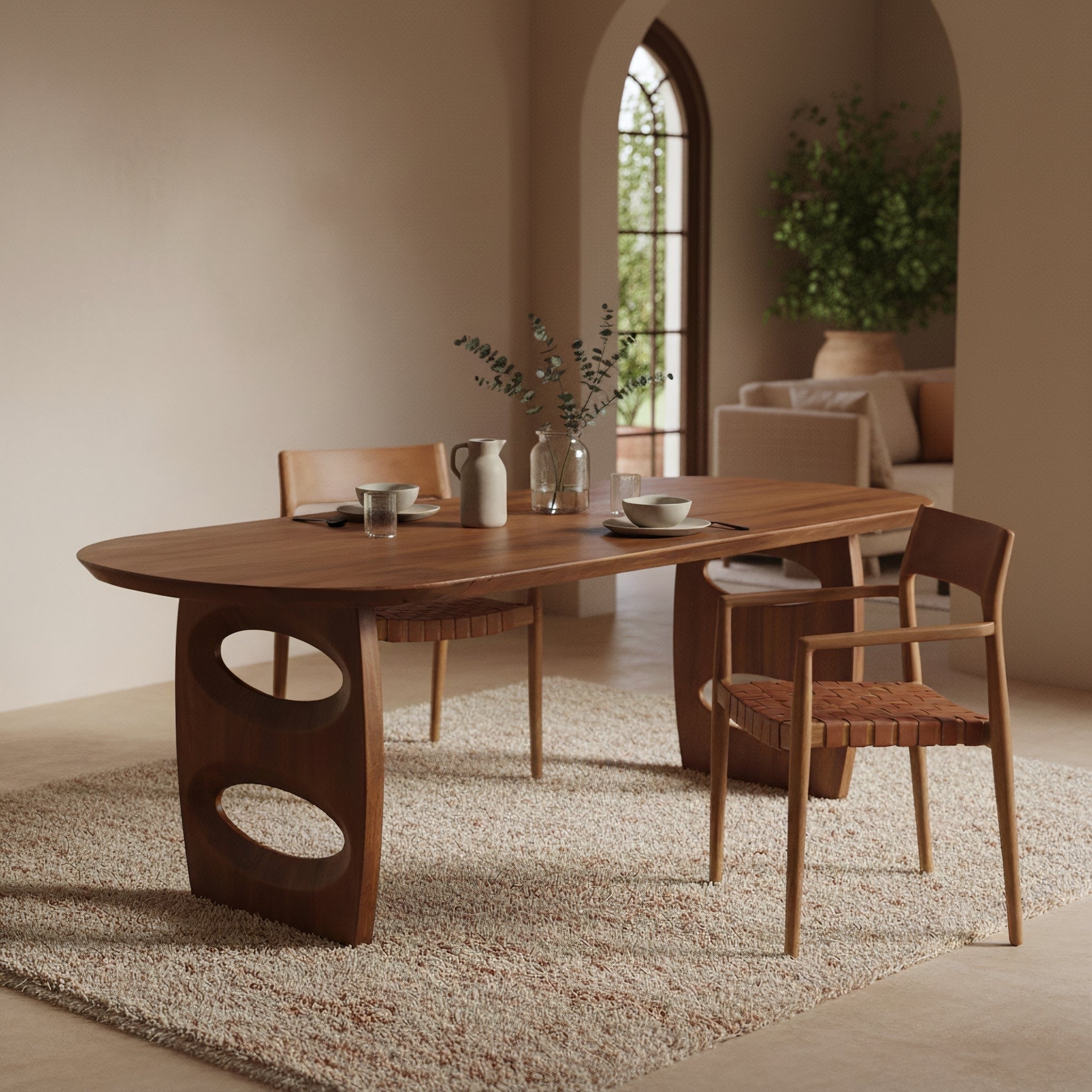 Kayu Living Freya brown teak dining chair with armrests and woven leather seat in a modern Scandinavian dining room.