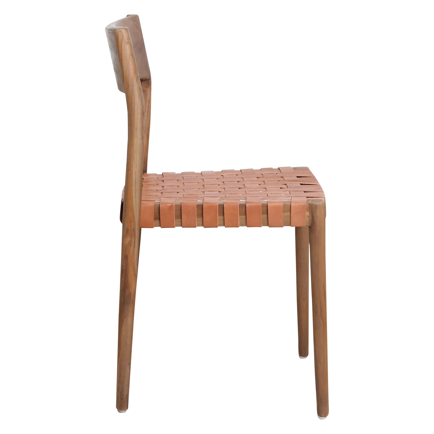 Kayu Living Freya teak dining chair with woven natural leather seat. Industrial Scandinavian style.