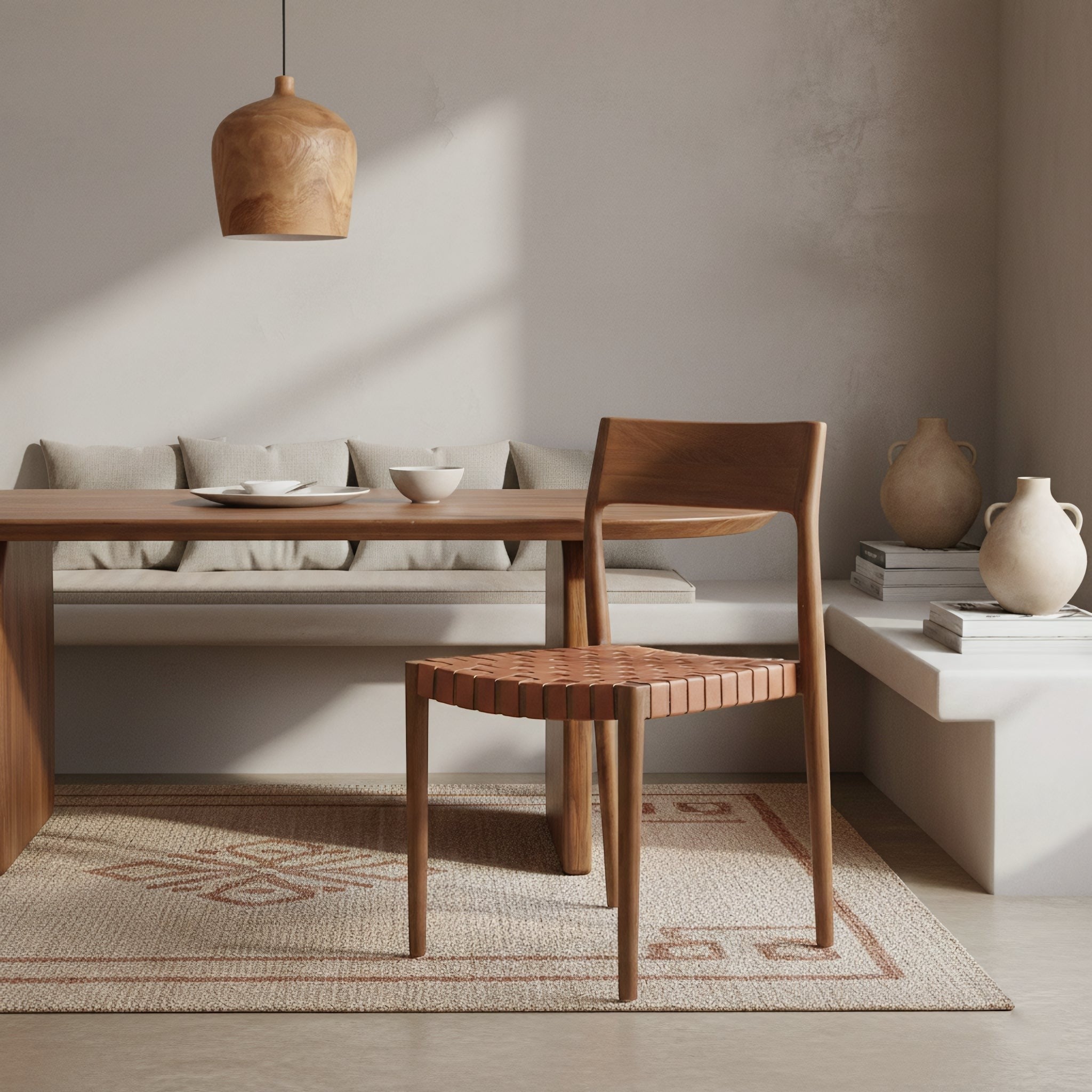 Kayu Living Freya teak dining chair with woven natural leather seat. Industrial Scandinavian style.