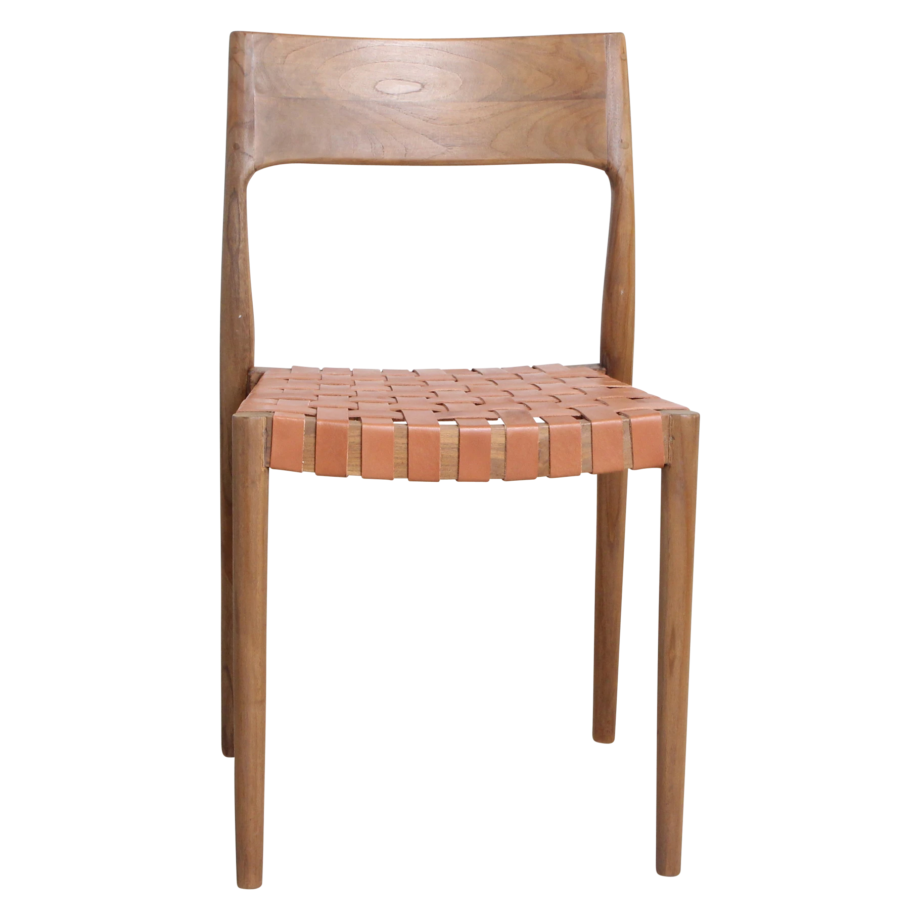 Kayu Living Freya teak dining chair with woven natural leather seat. Industrial/Scandinavian style.