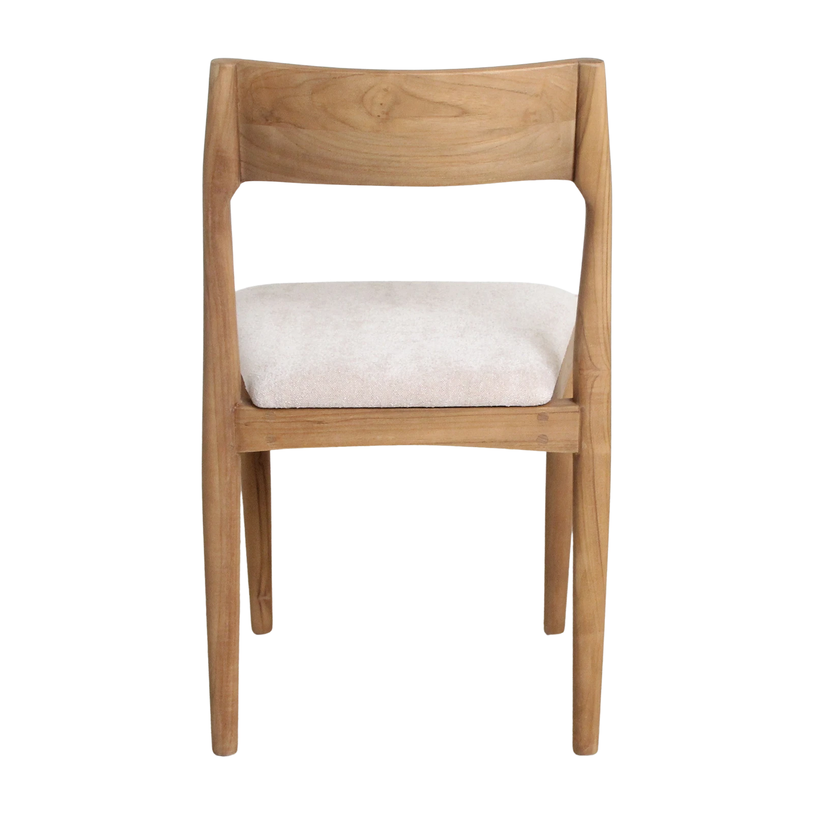 Kayu Living Freya dining chair in solid teak wood with a cream upholstered seat, back view.