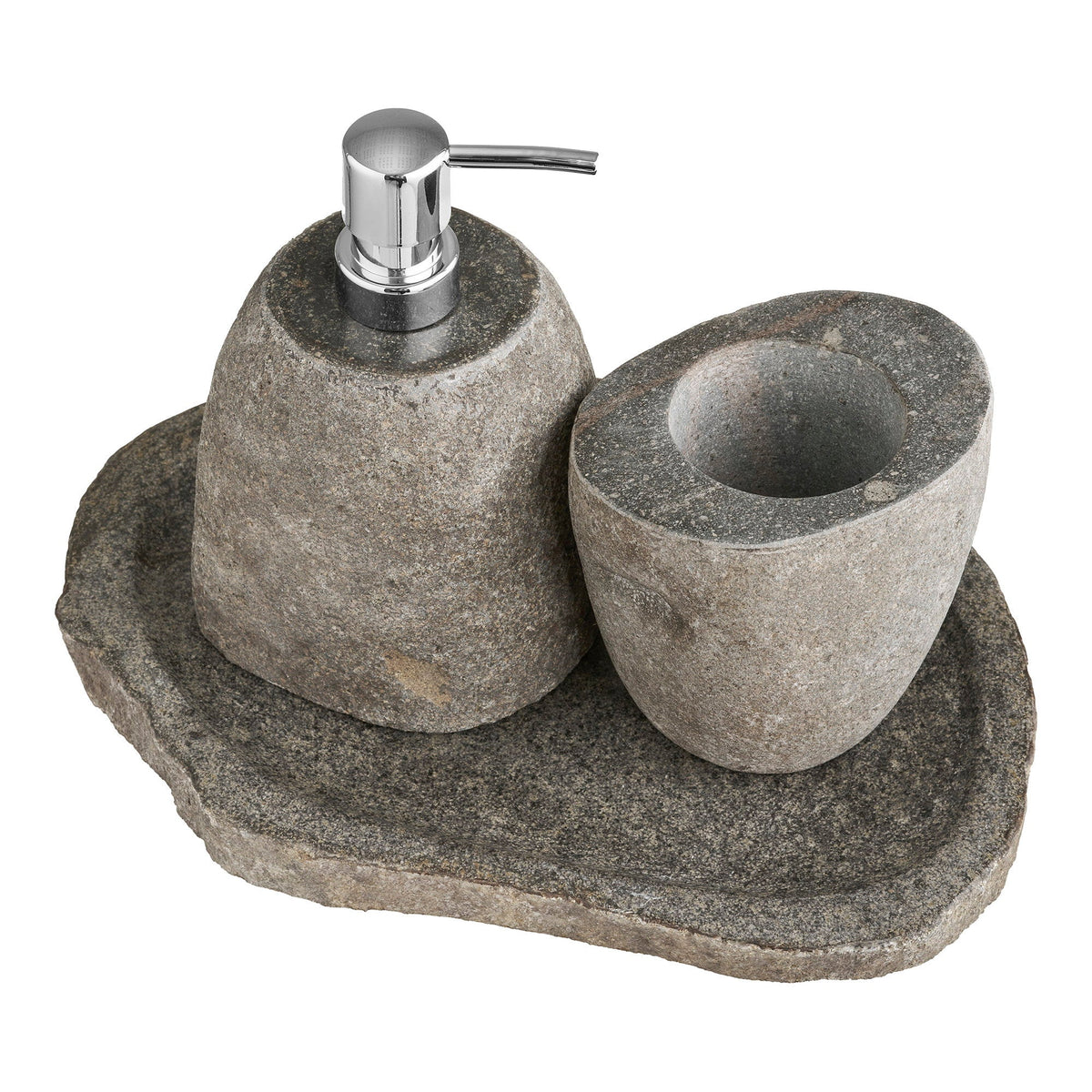 Kayu Living Gara three-piece bathroom set featuring a natural stone soap dispenser, storage cup, and matching tray.
