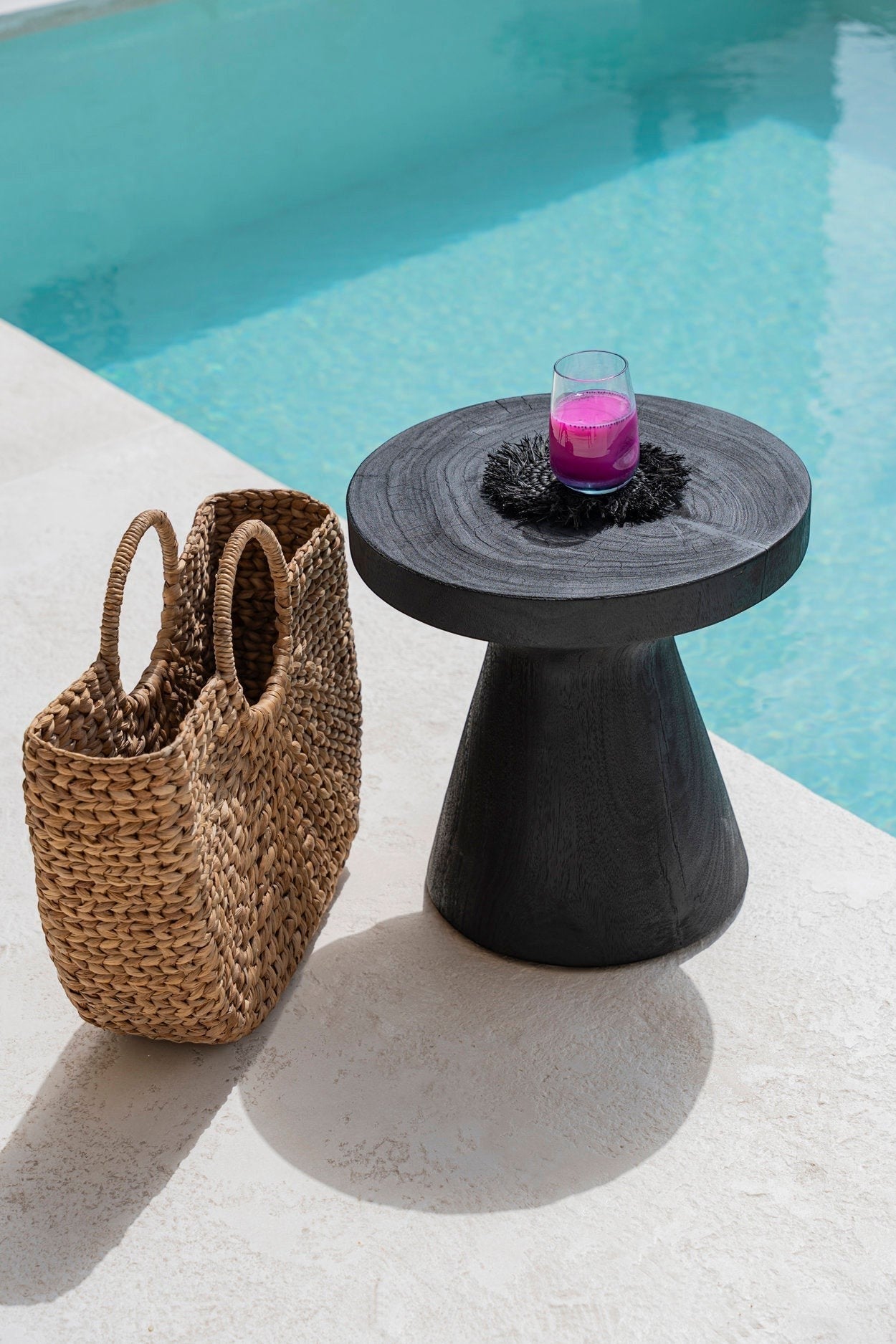 Kayu Living Gravity Side Table: sleek black suar wood, 40x40x40cm, modern design. Ideal for living room or bedroom.