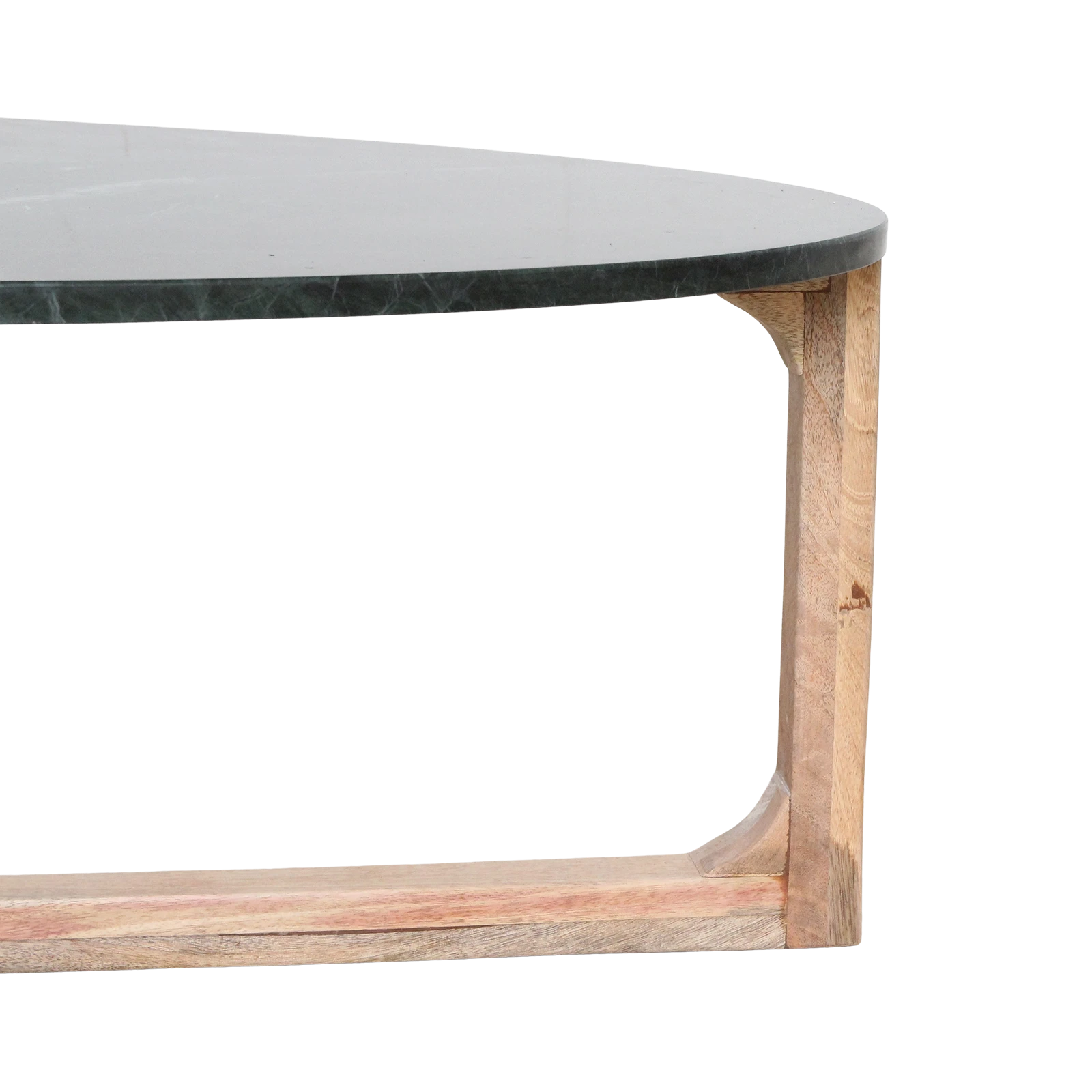 Kayu Living oval coffee table featuring a green marble top and a sustainable mango wood base.
