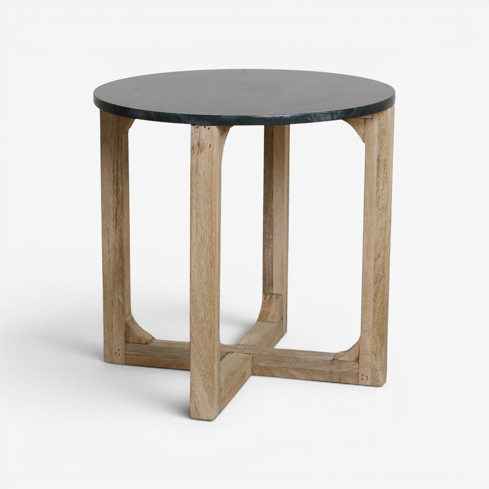 Kayu Living round side table featuring a deep green marble top and a sturdy, natural mango wood cross-base.