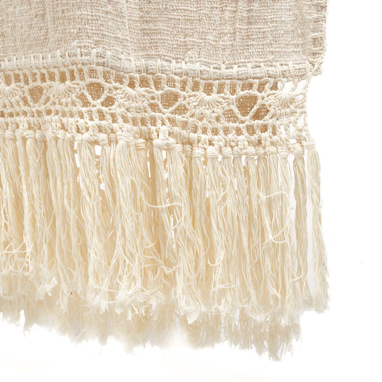 Kayu Living Gypsy bed throw in natural cotton with intricate crochet lace detail and long decorative fringe trim