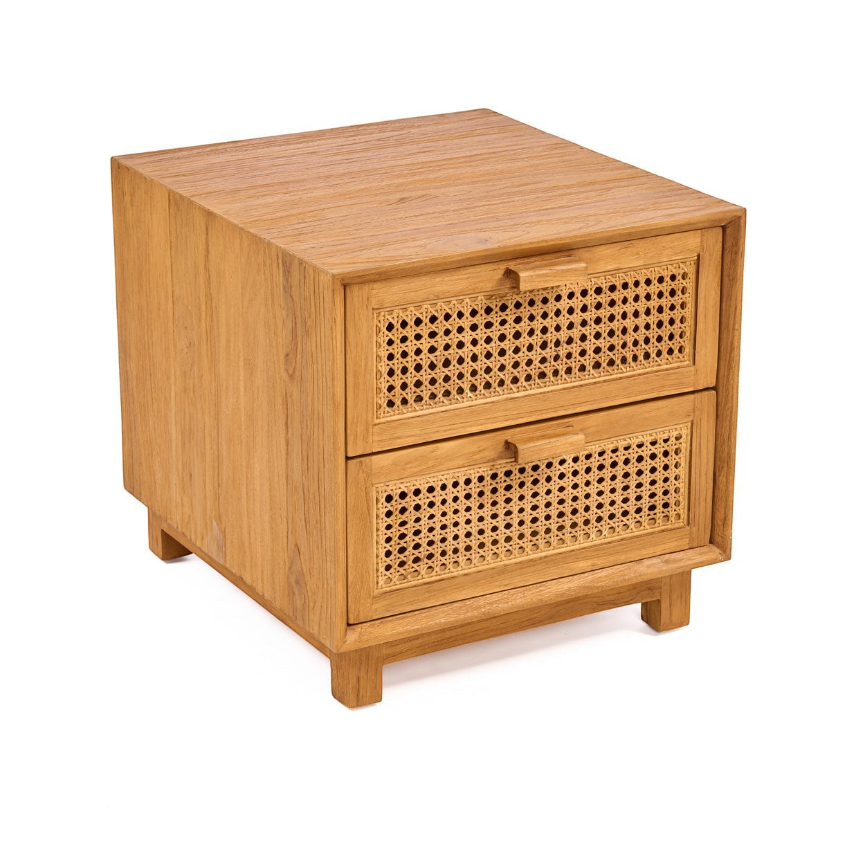 Kayu Living Harmony nightstand in solid teak wood with two drawers featuring handwoven rattan cane detailing.