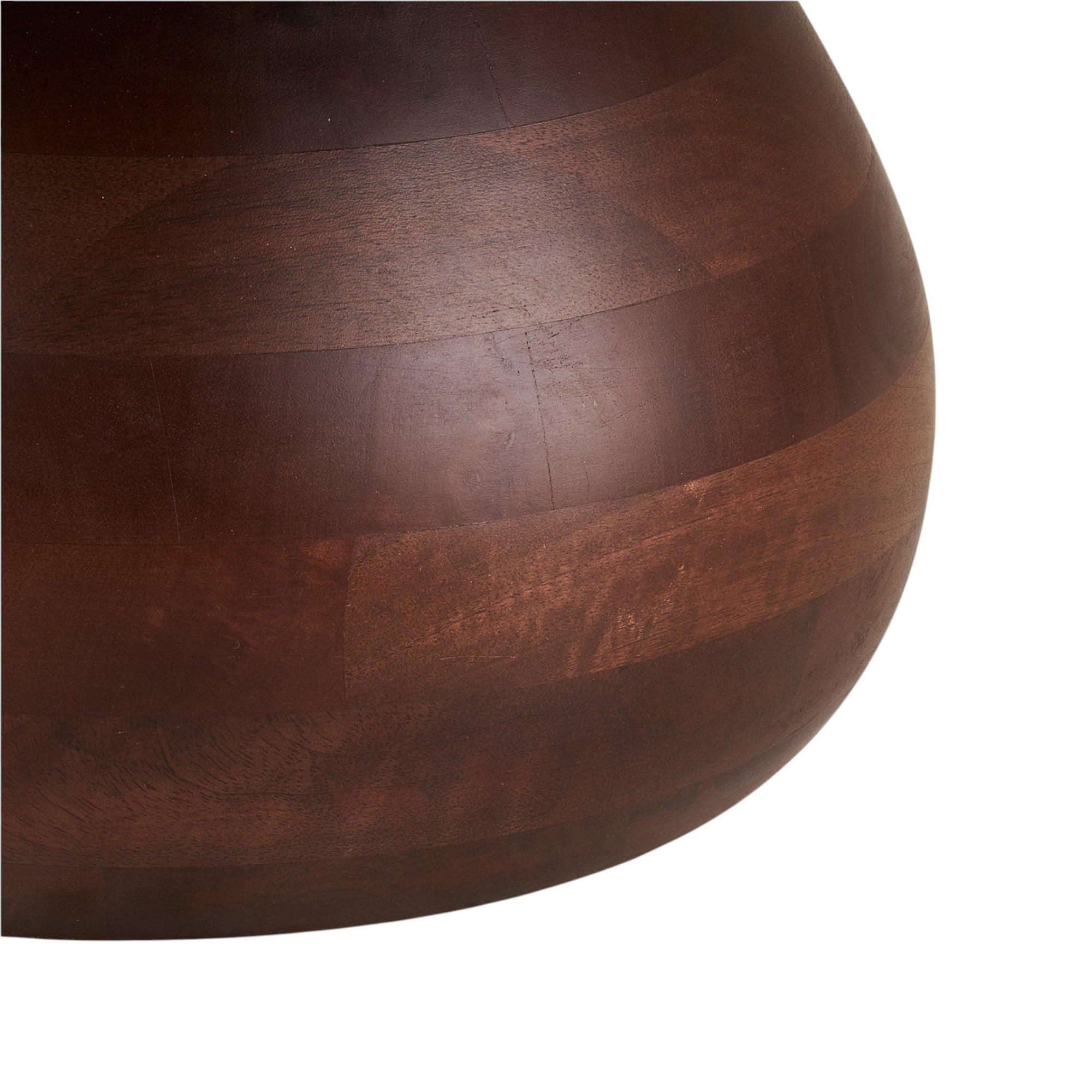 Kayu Living Heide round coffee table featuring dark brown mango wood with a smooth, sculptural curved base.