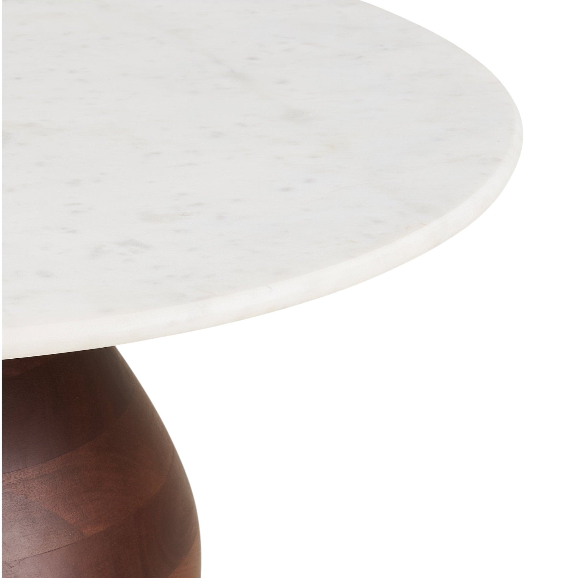 Kayu Living Heide round coffee table with a white marble top and a sculptural dark brown mango wood base