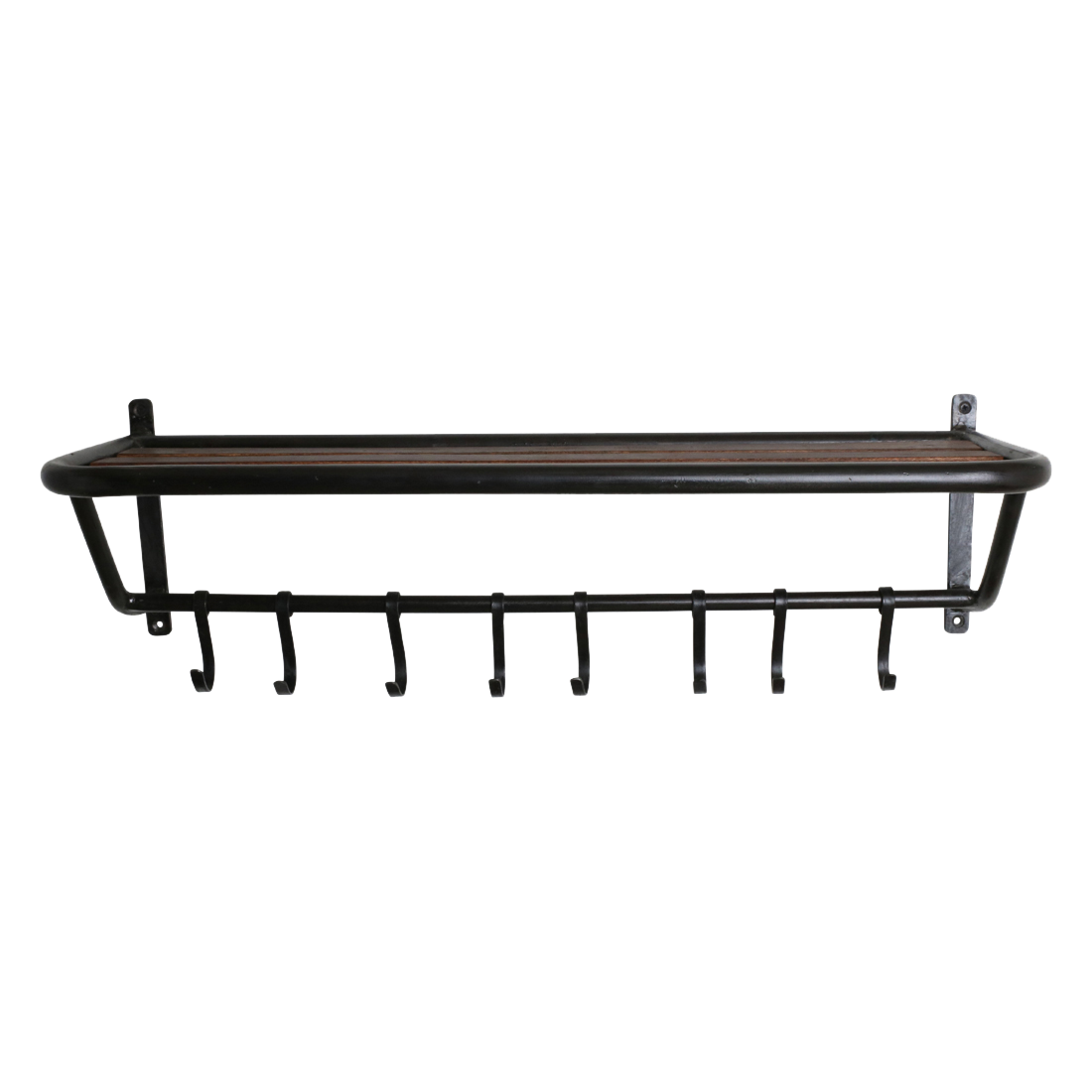 Kayu Living industrial wall-mounted coat rack with a black metal frame, wooden hat shelf, and eight sturdy hooks.