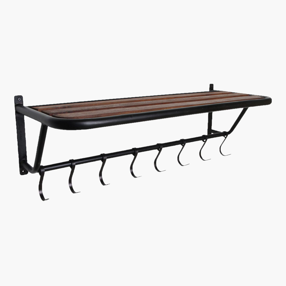 Kayu Living industrial wall-mounted coat rack with recycled wood shelf and eight black metal hooks