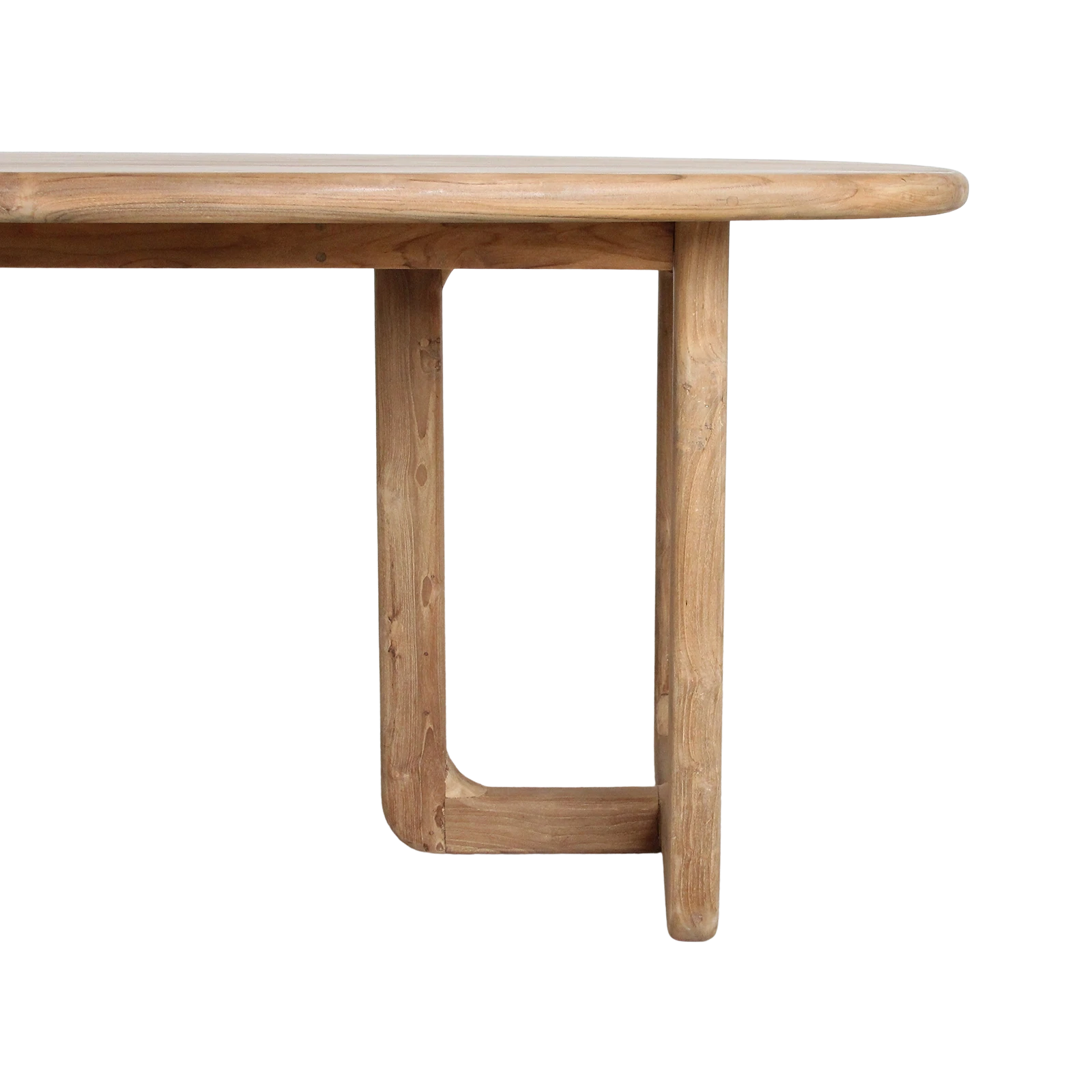Kayu Living Invierno dining table featuring a natural recycled teak wood top with rounded corners and organic base.