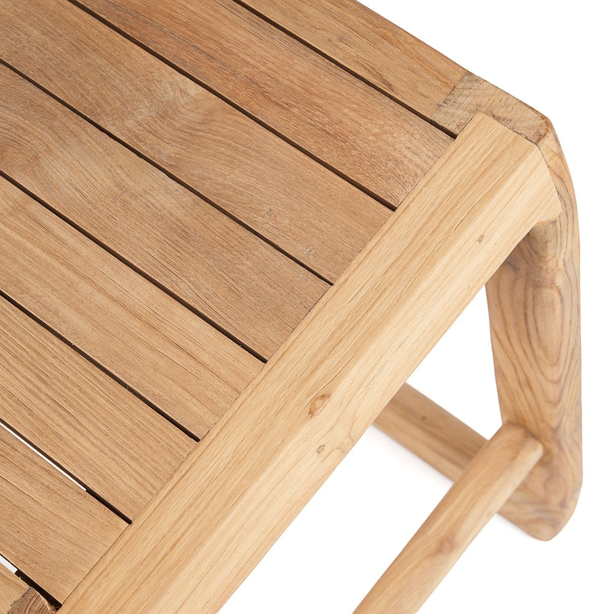 Kayu Living Ithaca Bar Stool made from sustainable recycled teak with a natural finish and slatted seat design.