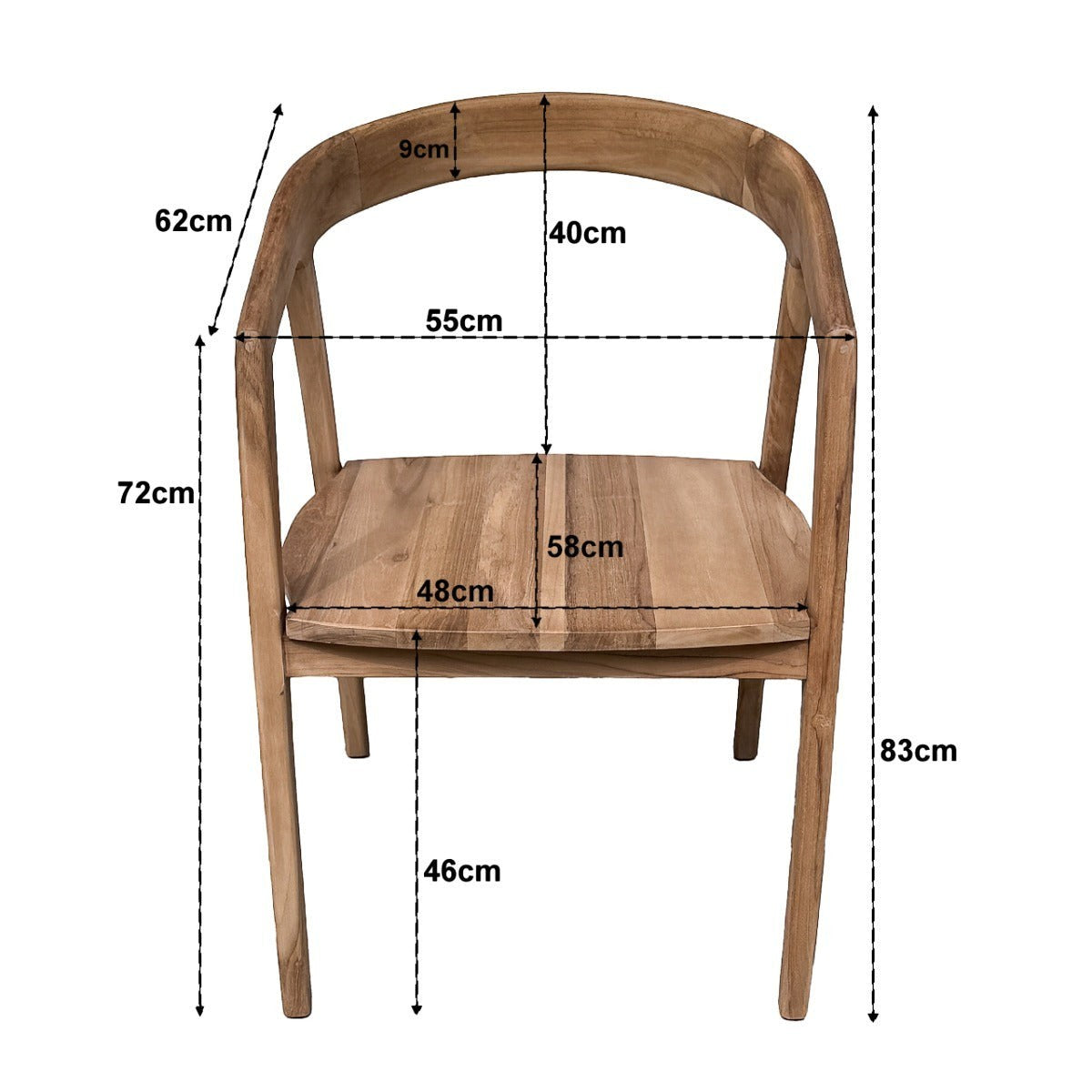 Kayu Living Lenzo dining chair in natural teak wood with organic curved backrest and dimensions shown in front view.