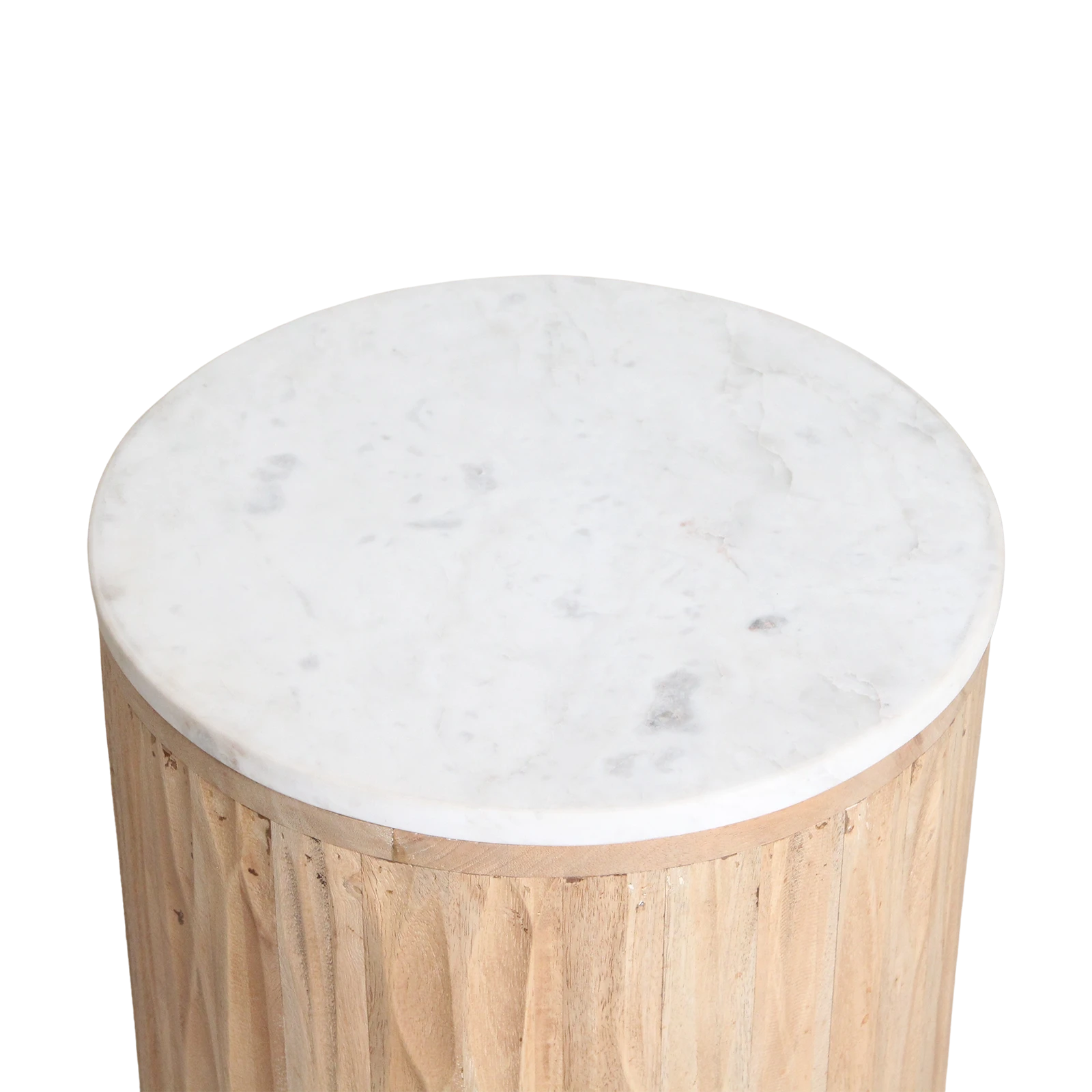 Kayu Living Malakka side table with a round white marble top and a carved cylindrical mango wood base