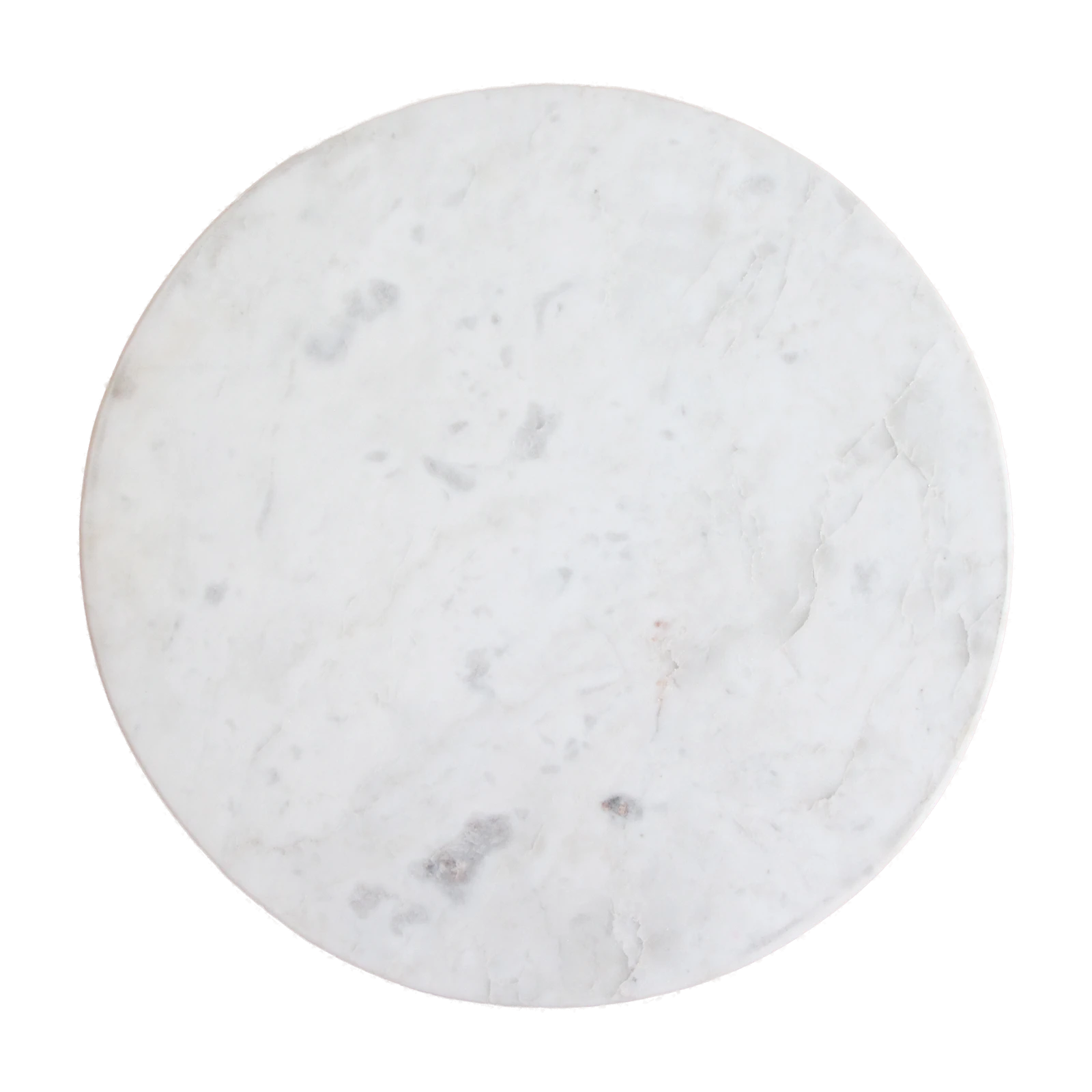 Kayu Living Malakka round white marble side table top with natural grey veining viewed from directly above